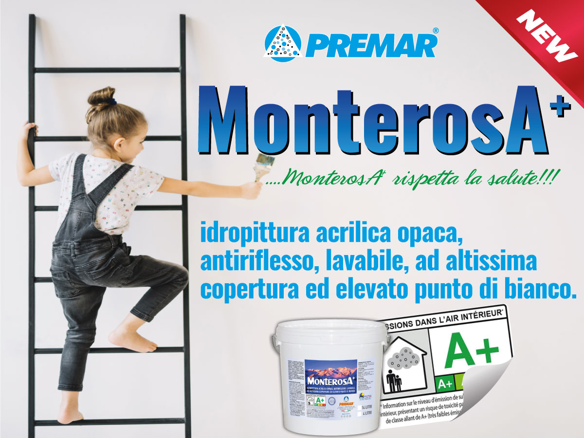 MonterosaA+, idropittura acrilica opaca, antiriflesso, lavabile, ad altissima copertura ed elevato punto di bianco.